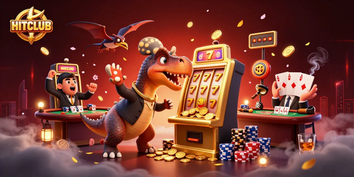 HITCLUB features a cartoon dinosaur headbutting a slot machine amid thrilling casino elements.