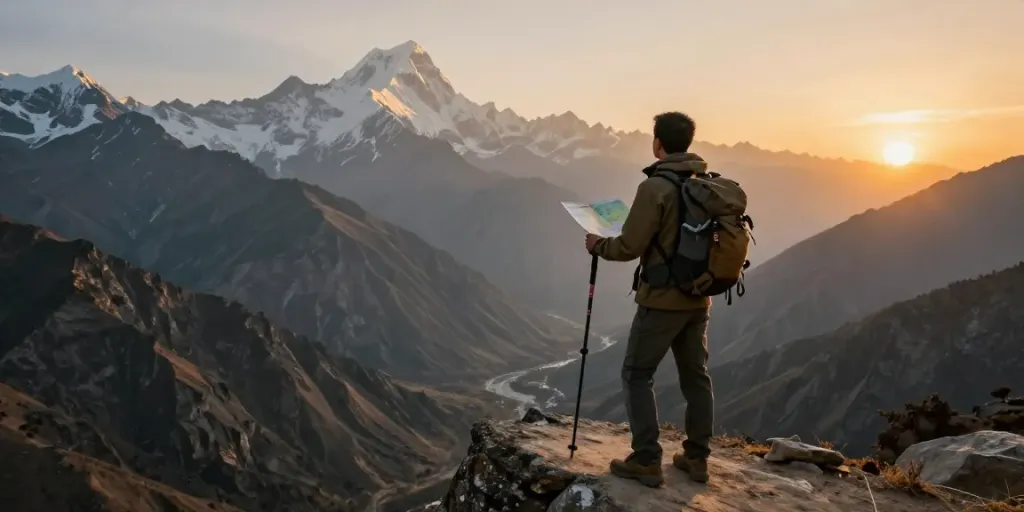 Stunning view of the Manaslu Circuit with a hiker capturing the sunset backdrop