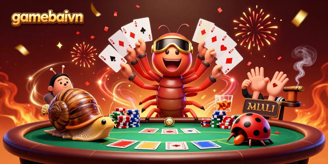 Experience thrilling poker at gamebaivn with a colorful scene of animated dealers, chips, and cards.