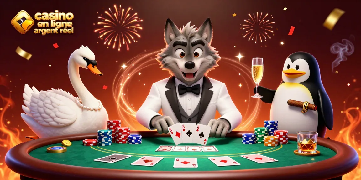 Profitez des jeux sur un casino en ligne argent réel avec un loup élégant et des personnages de jeux de cartes.