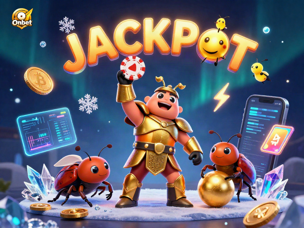 Onbet champions victory in a vibrant casino scene with a beetle lifting a poker chip, enhancing winning strategies.