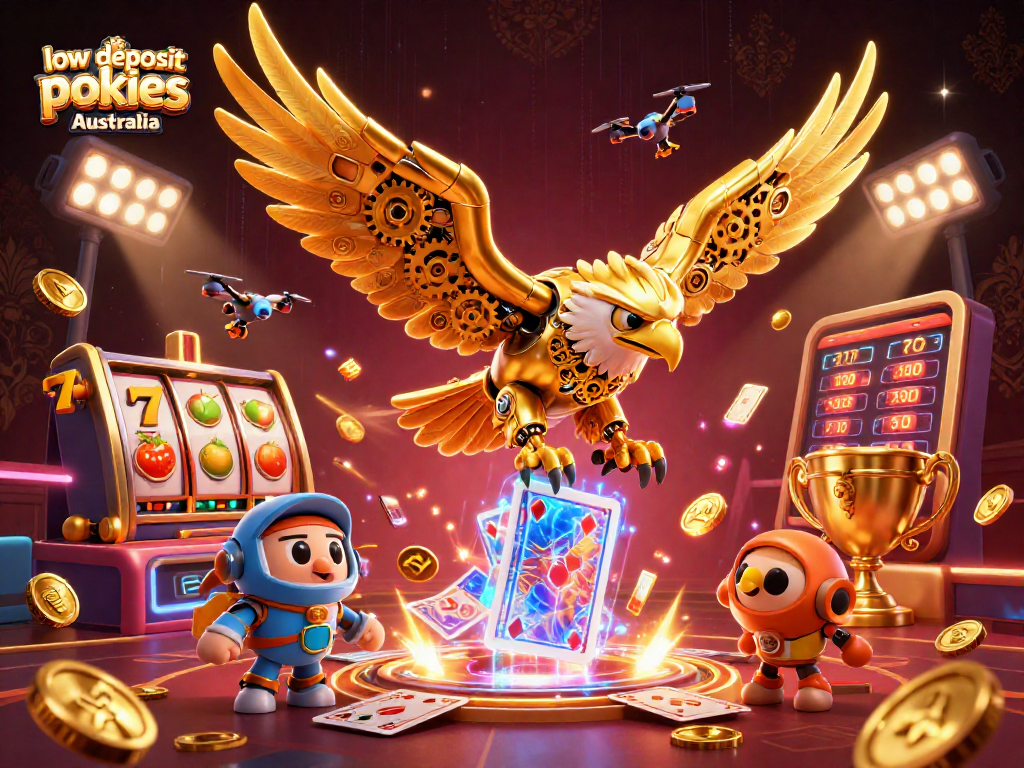 Experience thrilling low deposit pokies Australia with a dynamic scene of an eagle diving through holographic cards and game symbols.