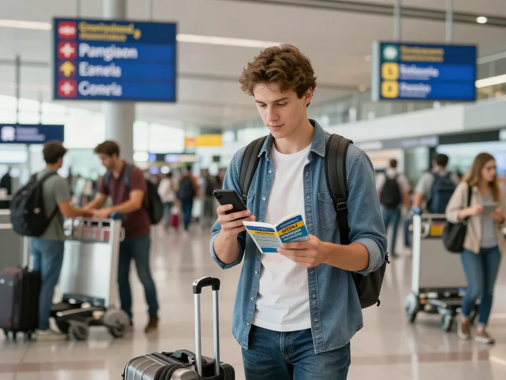 עצמאי בודק אפשרויות Esim לחו"ל בטרמינל שדה תעופה עם מזוודה ומדריך נסיעות