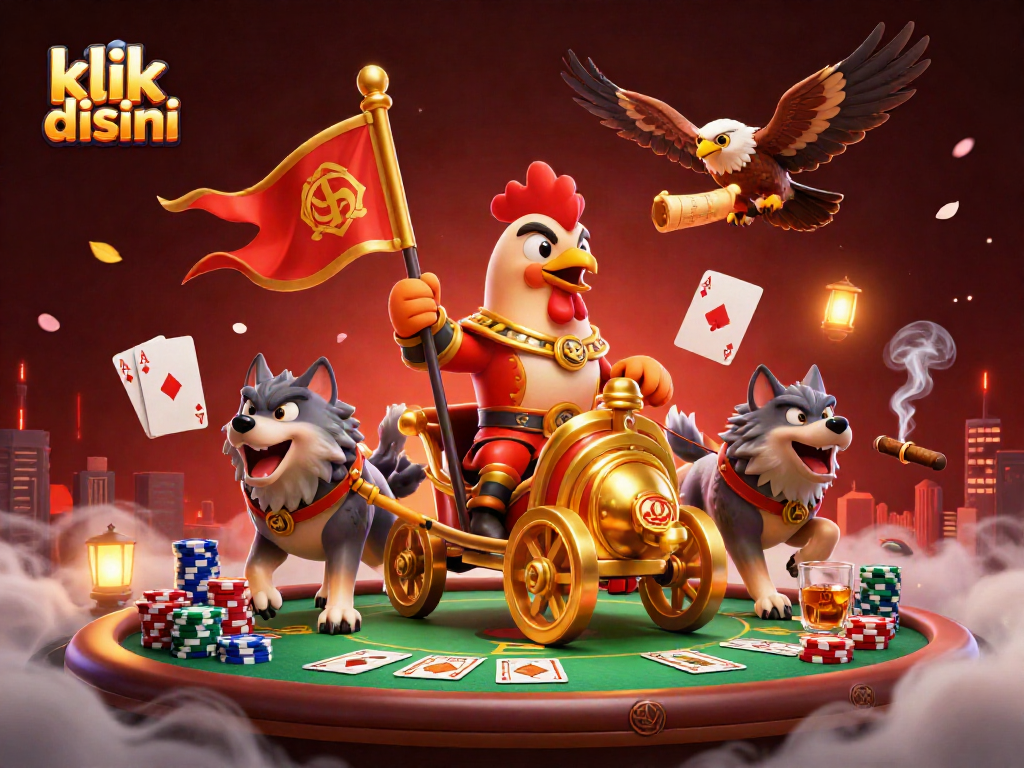 Engaging illustration of klik disini featuring a rooster warlord amidst poker elements in a vibrant casino scene.