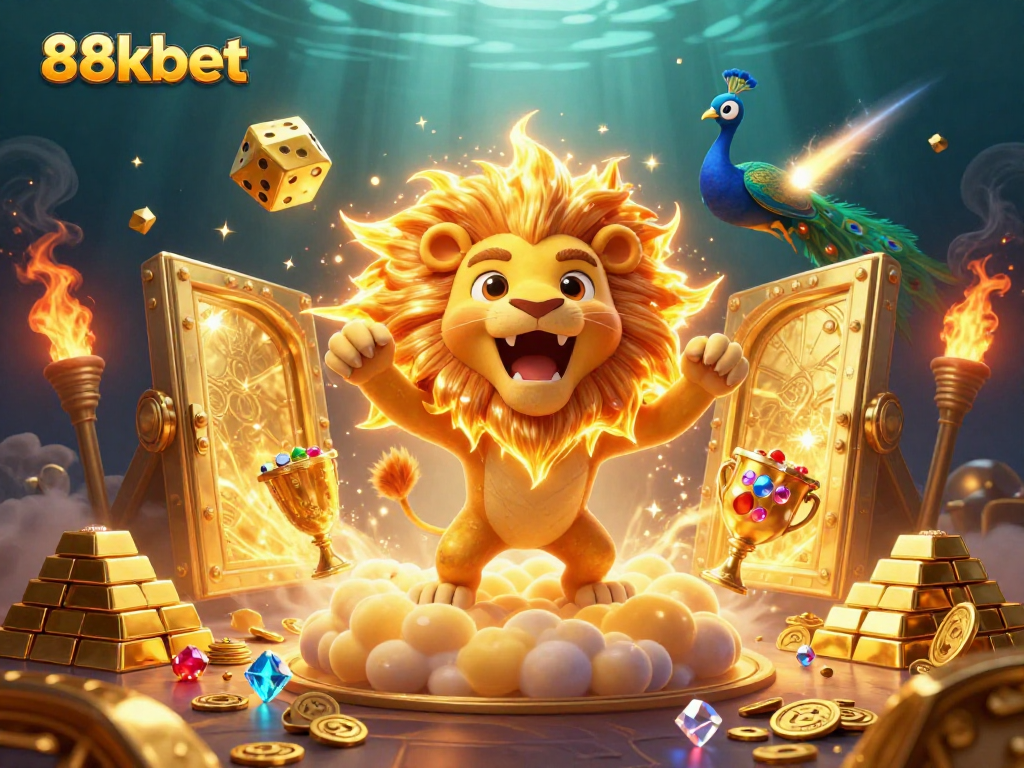 Experience exciting gameplay at 88kbet with a vibrant illustration of roaring characters and treasure elements.
