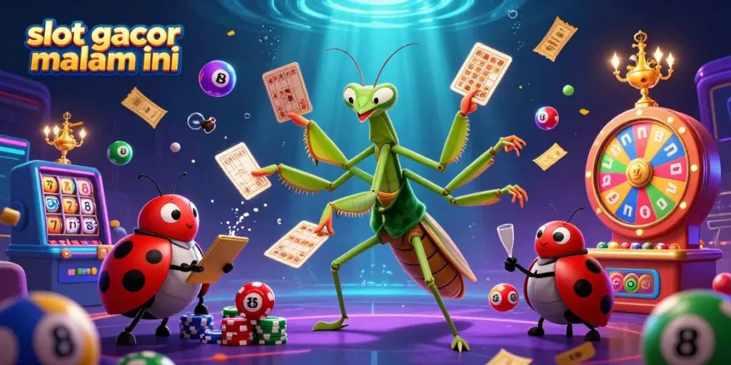 Ilustrasi slot gacor malam ini dengan karakter menarik dalam suasana kasino yang ceria.