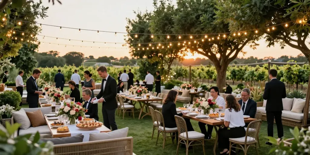Stunning outdoor event rentals setup with elegant tables under twinkling lights