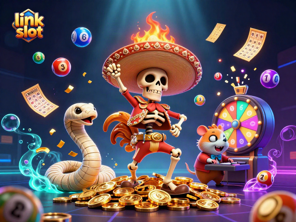 Experience excitement with link slot featuring a victorious mariachi rooster surrounded by colorful casino elements.