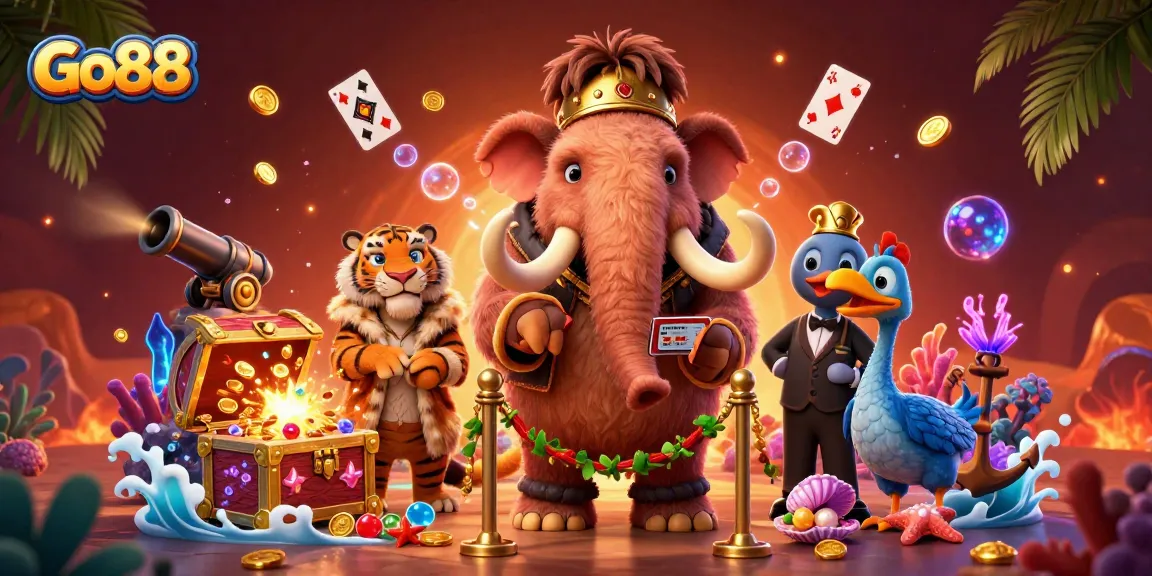 Join the fun at Go88 with a charming woolly mammoth bouncer, vibrant casino elements, and dynamic underwater treasures.
