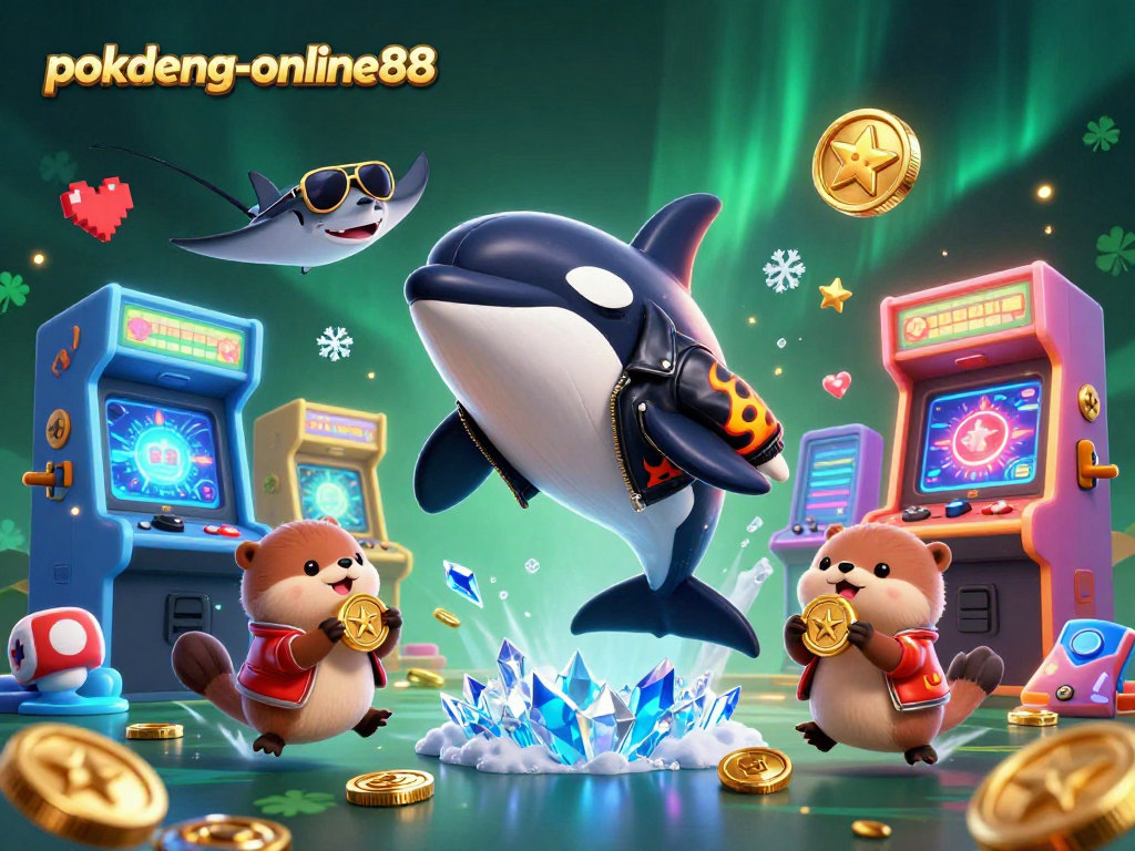 Experience excitement with pokdeng-online88 as a cartoon orca, stingray, and otters celebrate winnings in a vibrant casino.