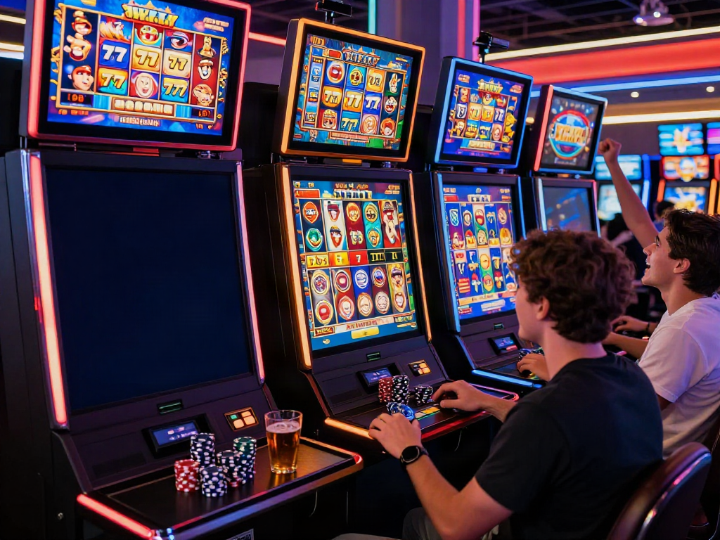 Permainan slot777 dalam suasana kasino yang ceria dengan pemain bersorak.