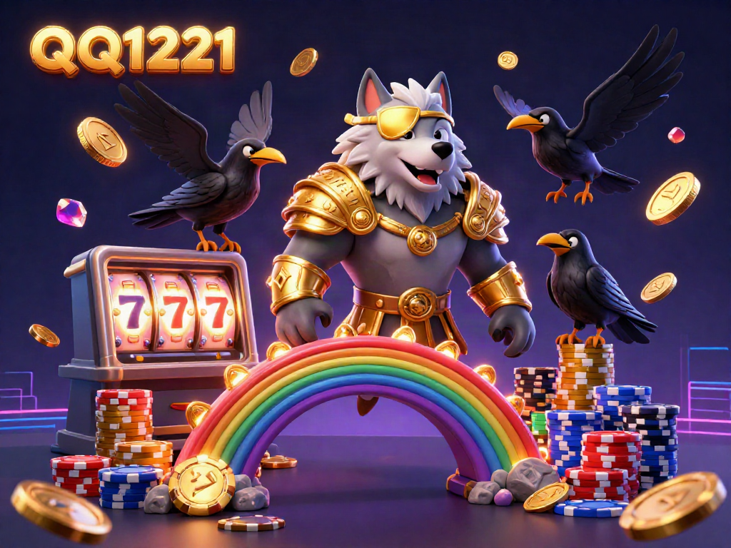 Experience the thrill of QQ1221 with dynamic slot reels and cascading coins in a vibrant casino scene.