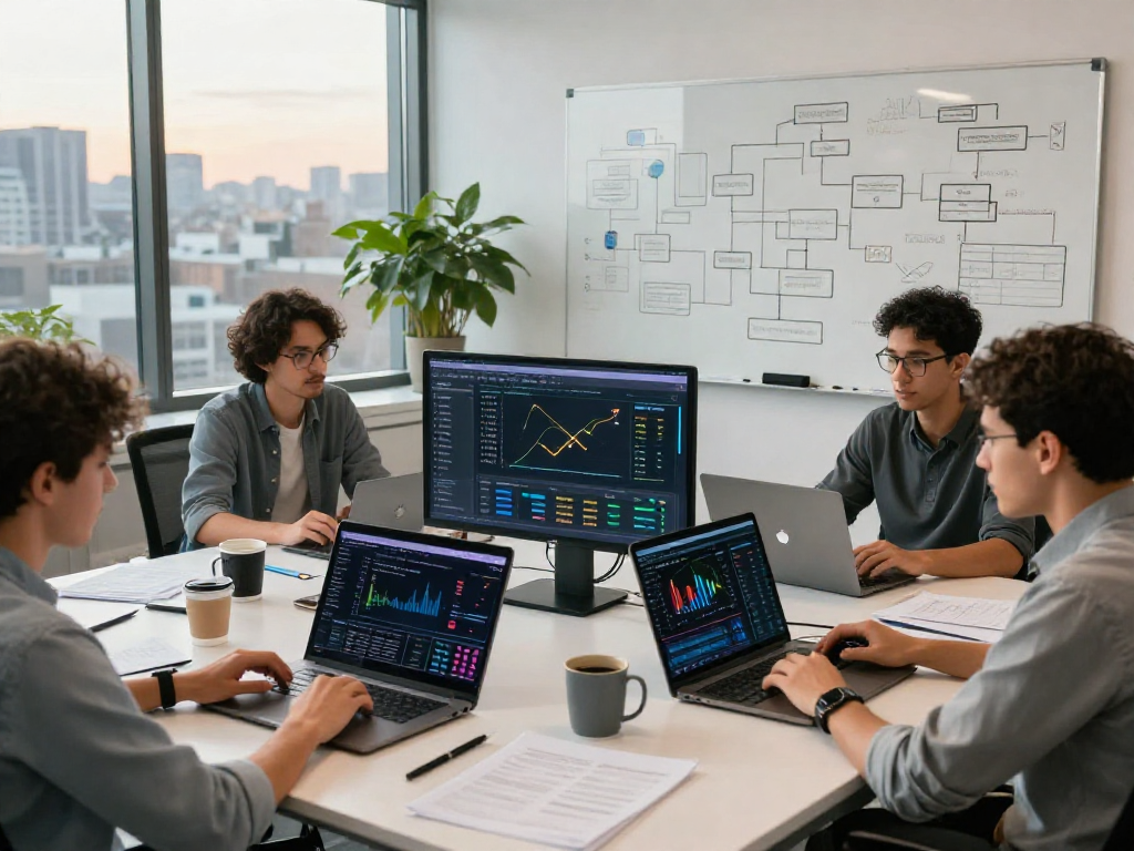 Collaborative team analyzing USDT0 cross-chain finance data in a modern workspace, showcasing blockchain technology and innovation.