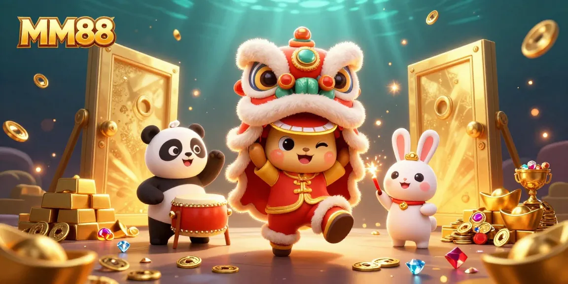 Experience the excitement of MM88 with a vibrant casino themed illustration full of treasures and action.