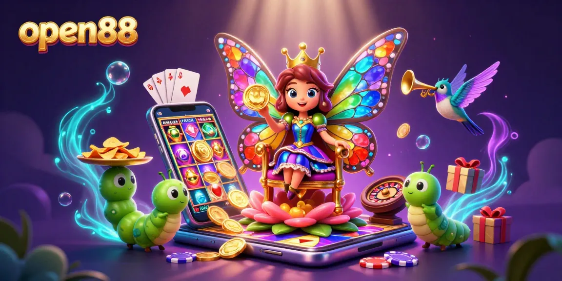 Experience epic wins at open88 with vibrant casino elements and butterfly queen in an enchanting scene.
