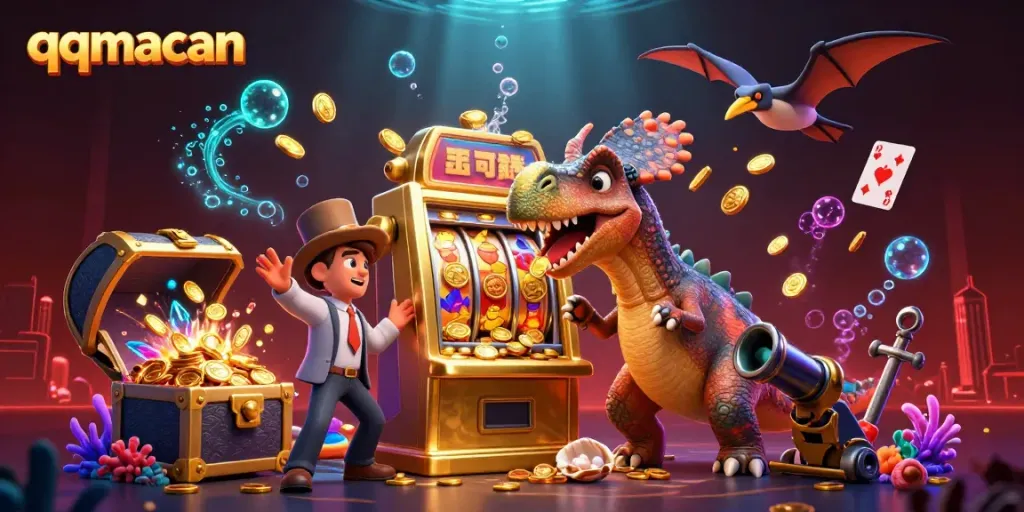 Experience exciting jackpot wins at qqmacan with vibrant characters celebrating slot machine payouts.
