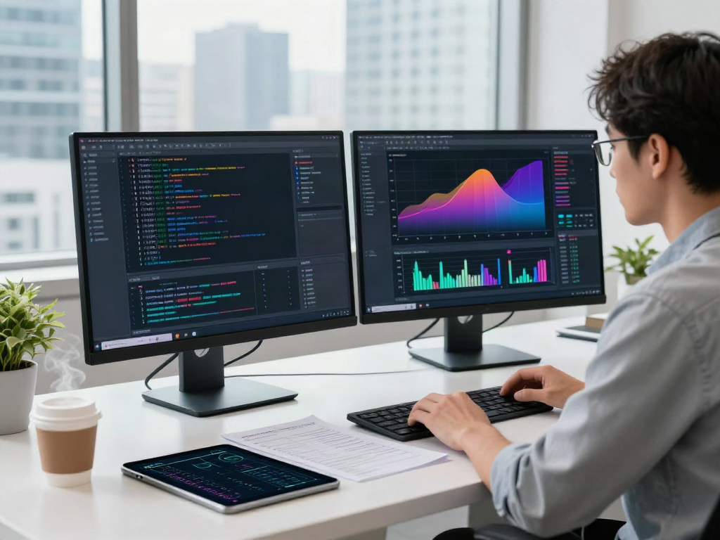 Data scientist analyzing datasets to find AI datasets in a modern workspace.