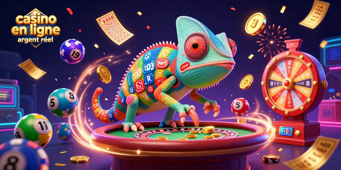 Jouez dans un casino en ligne argent réel avec une illustration animée de caméléon et des jeux d'argent dynamiques.