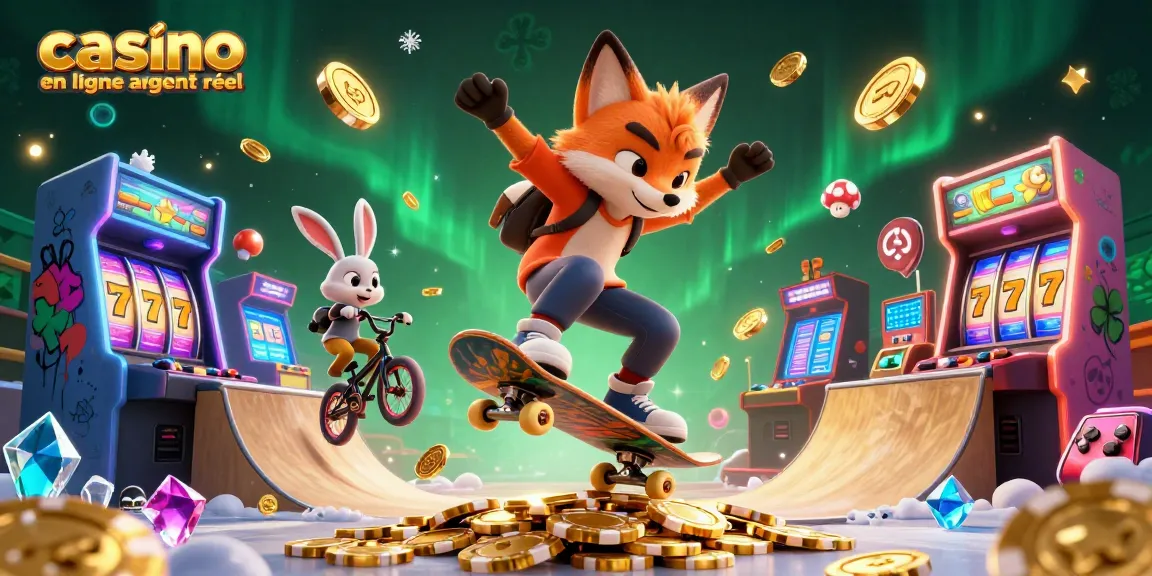 Le skateboarder en 3D et le lapin BMX s'amusent autour des jeux de casino en ligne argent réel.