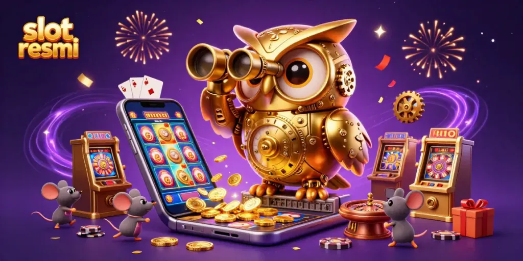 Experience the thrill of slot resmi gaming with a vibrant 3D casino scene featuring a golden owl and whimsical elements.