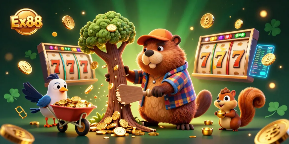 Engage with Ex88's thrilling casino experience featuring a beaver collecting coins amidst vibrant slot elements.