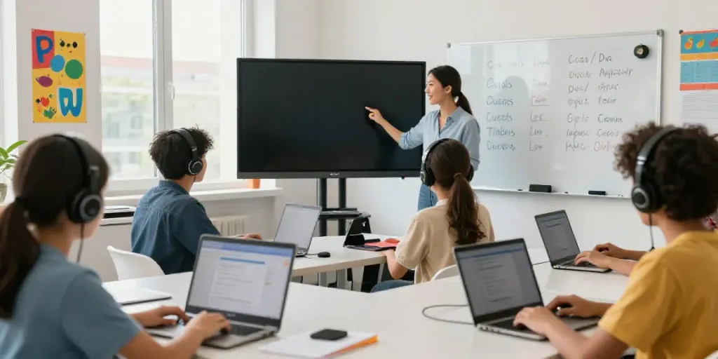 Interactive online English lessons with engaged students using technology.