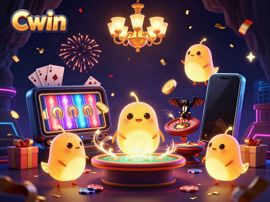 Cwin casino scene with animated glowworms lighting a vibrant game environment