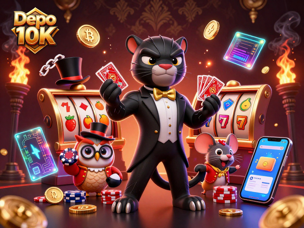 Engage in thrilling Slot gameplay at Depo 10K with colorful characters and vibrant casino elements.