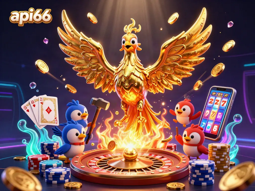 Experience thrilling gameplay with api66 in this vibrant casino scene filled with golden treasures and dynamic characters.
