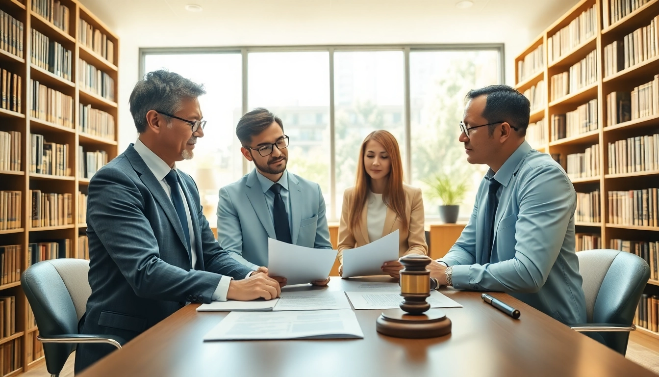 Probate attorney discussing legal processes with clients in a bright office environment.