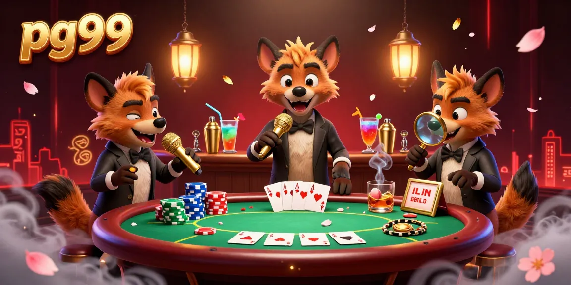 Catch the excitement at pg99 with cartoon hyenas bringing laughter and drinks in a vibrant casino scene.