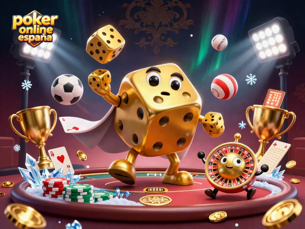 Juega al póker online España en esta escena vibrante con dados y elementos de casino únicos.