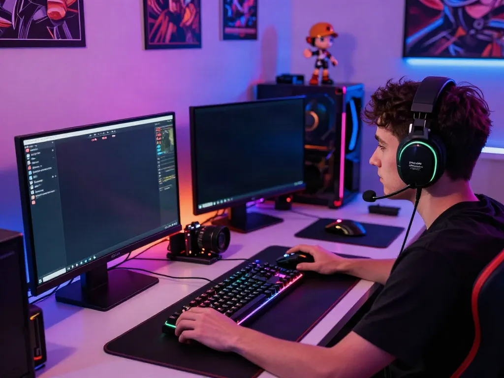 Engaged gamer enjoying ahha4d online gameplay in a vibrant gaming setup.