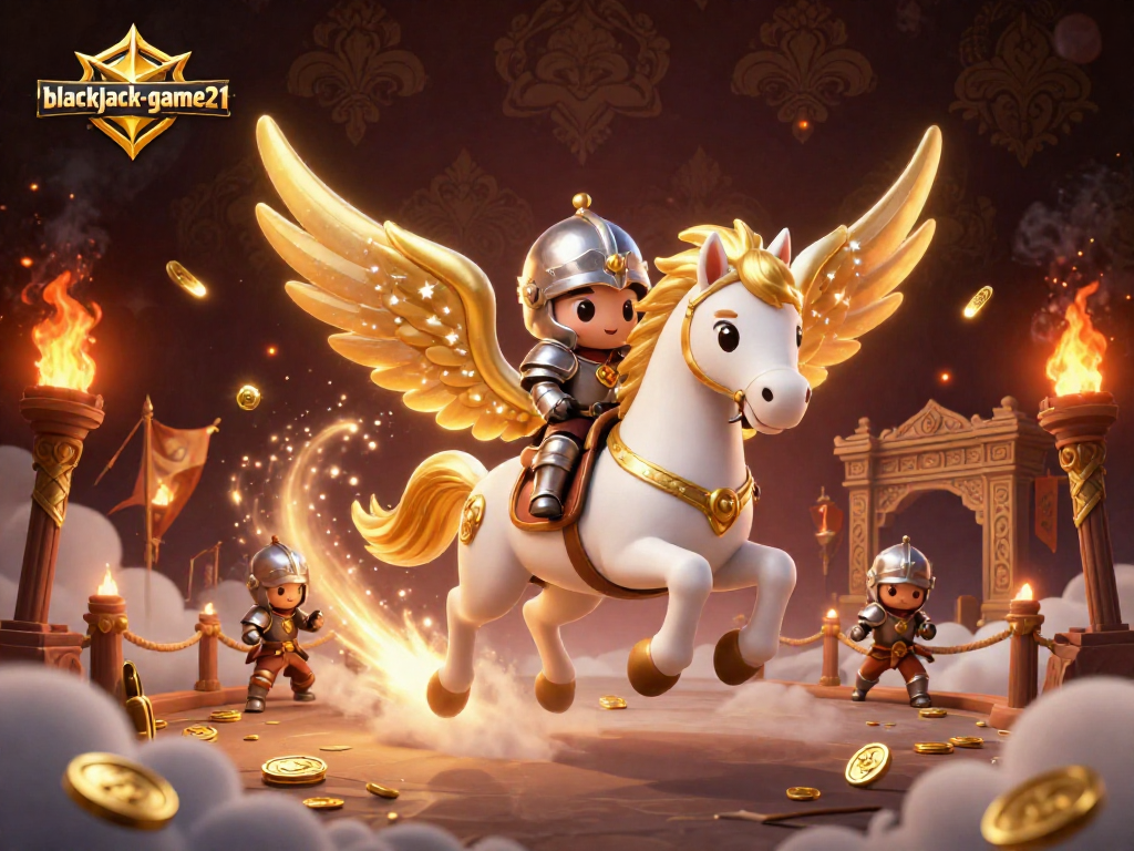 Engage in thrilling blackjack-game21 action with a celestial horse and knight in a dynamic casino arena.