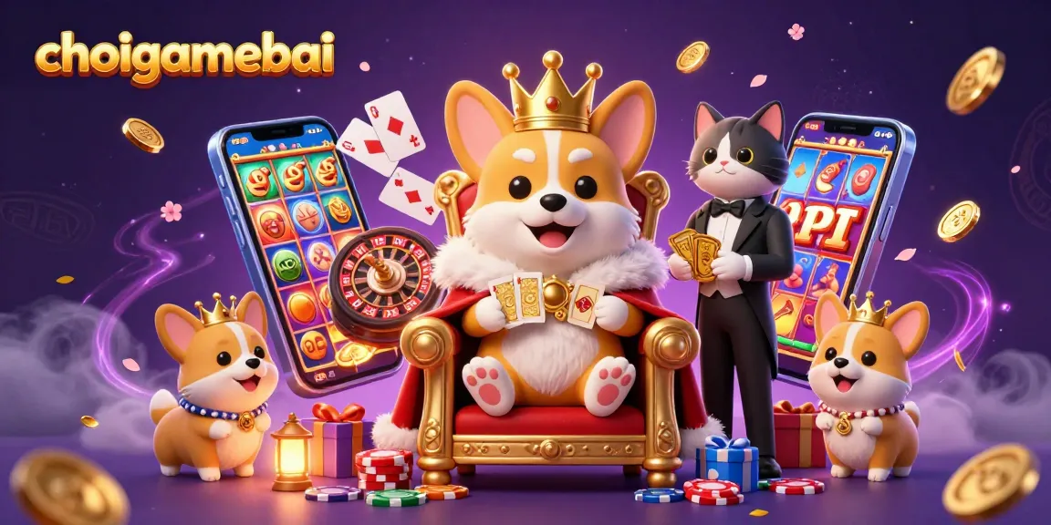 Play thrilling slots and poker games at choigamebai with a royal corgi in a vibrant casino scene.