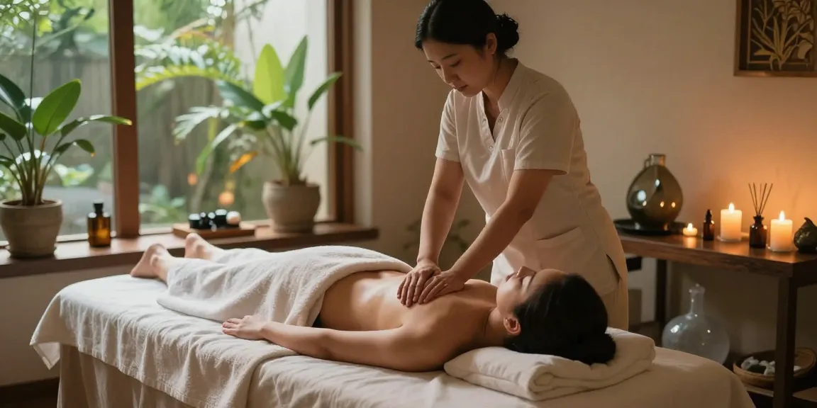 마사지 치료를 받으며 힐링하는 모습과 아로마 테라피 향기로운 스파 환경