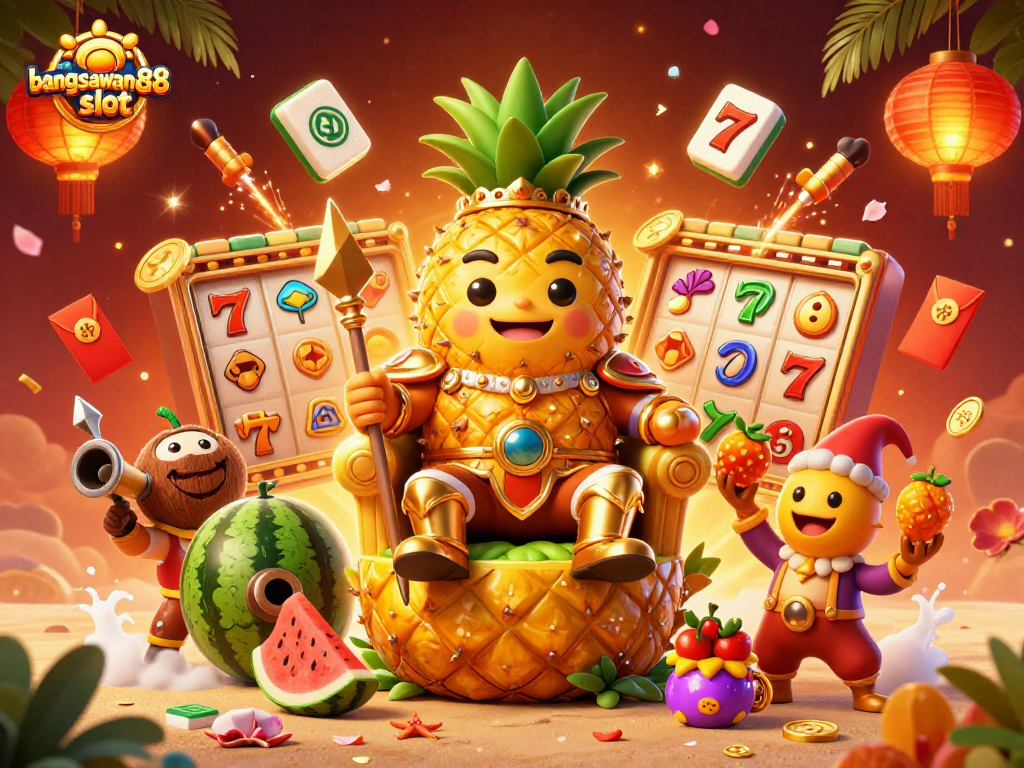 Experience the excitement of bangsawan88 slot with a vibrant casino illustration featuring tropical characters.