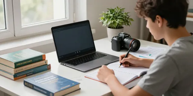 Student using the Toto English language course at home with interactive materials and a laptop.