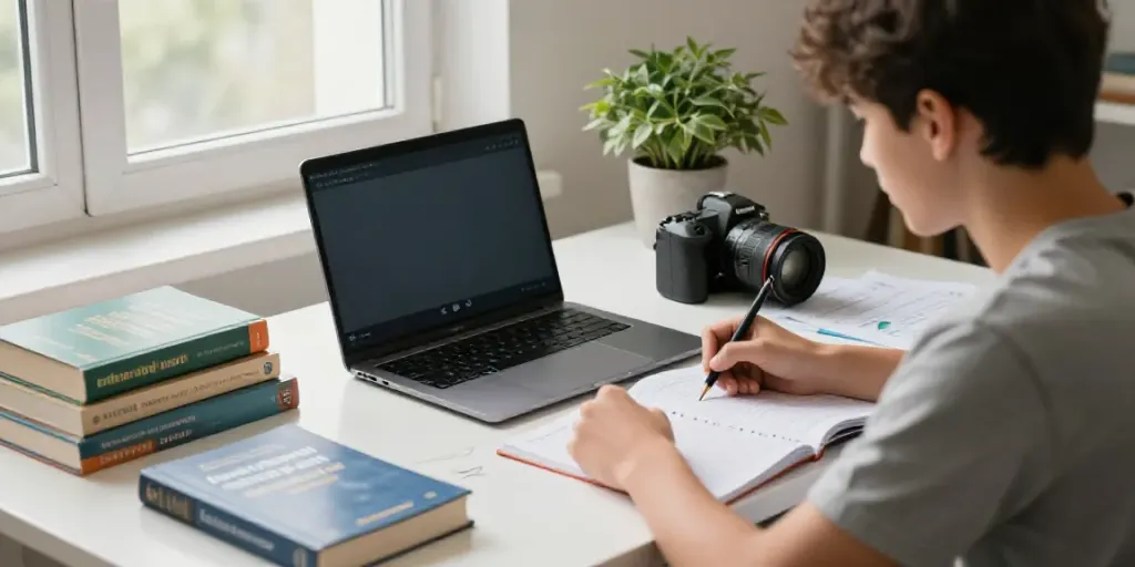 Student using the Toto English language course at home with interactive materials and a laptop.