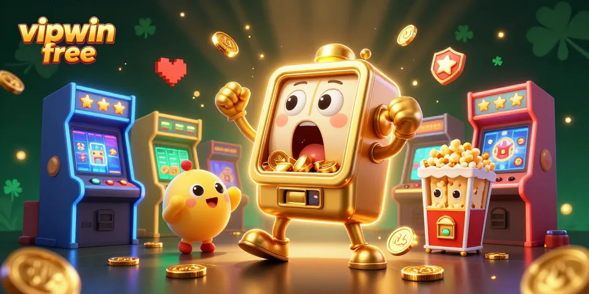 Experience the thrill at vipwin free as a cartoon slot machine wins a jackpot amidst cheering baby slots and glowing arcade elements.
