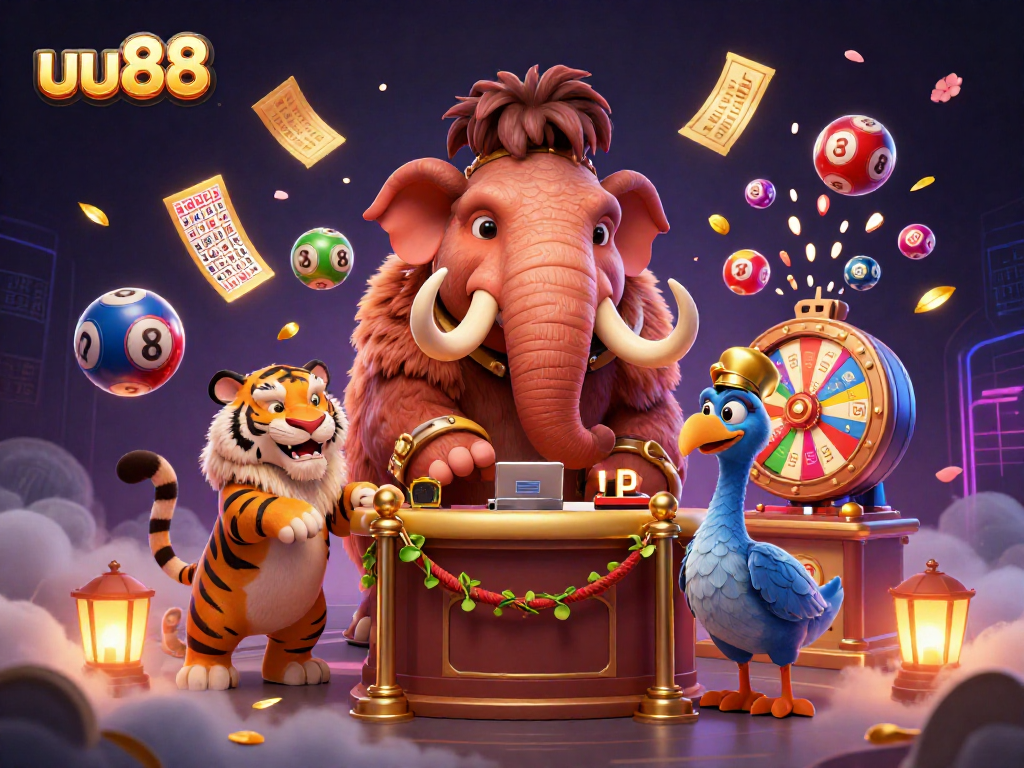 Engage with uu88 as a woolly mammoth checks IDs for a VIP experience in a vibrant casino scene.