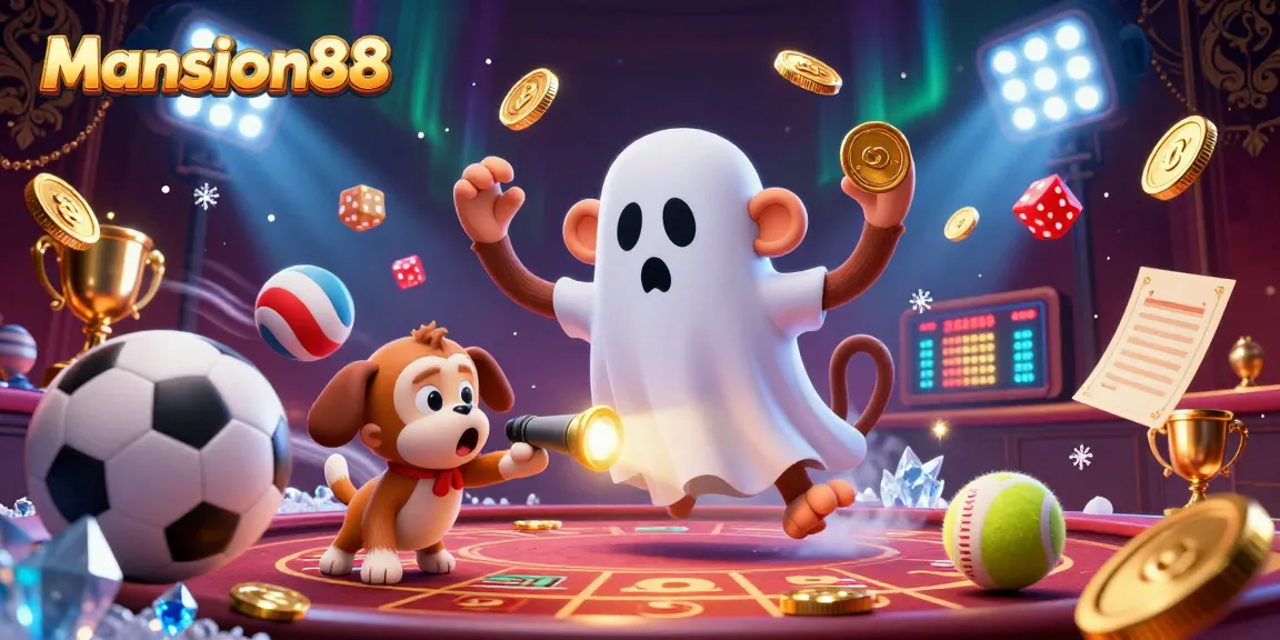 Mansion88 showcases an engaging 3D illustrated scene featuring a ghost-hunter puppy tracking a playful monkey in a vibrant casino.