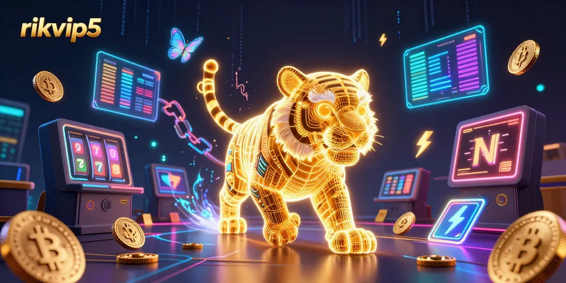 Experience excitement with rikvip5 in an ultra-detailed digital casino scene featuring a glowing tiger and vibrant game symbols.