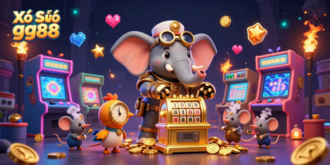 Experience the excitement of Xổ Số gg88 with a dynamic illustration of a steampunk elephant operating a golden lottery machine.