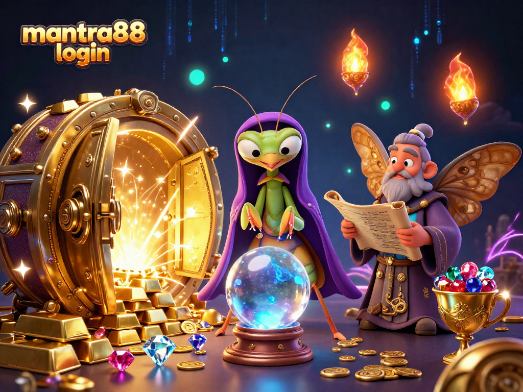 Experience the excitement of mantra88 login with a vibrant 3D illustration showcasing a mystical casino atmosphere.