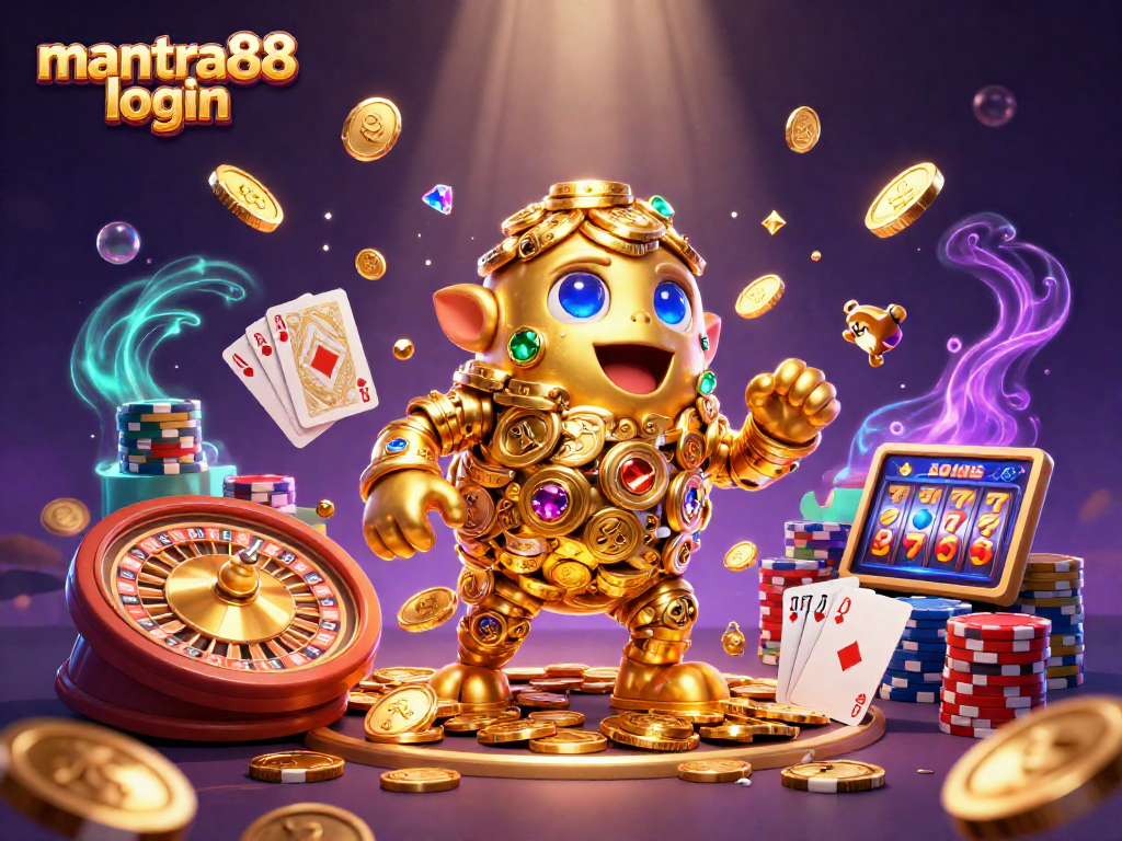 Experience exciting gaming with mantra88 login, featuring a golden golem and vibrant casino elements.