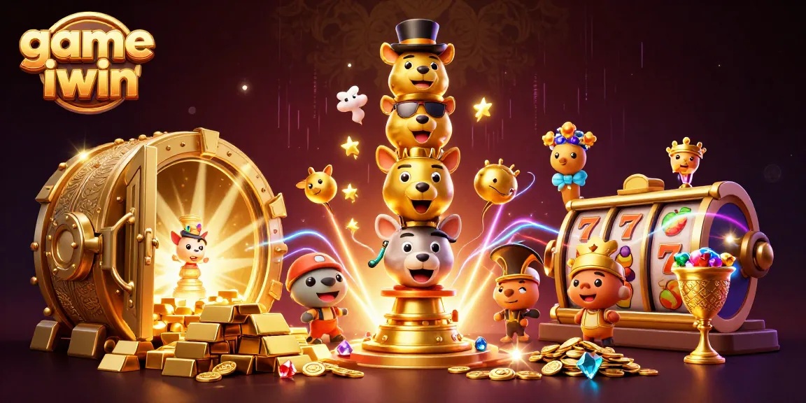 Experience excitement with game iwin's dynamic 3D totem characters and casino loot in a vibrant illustration.
