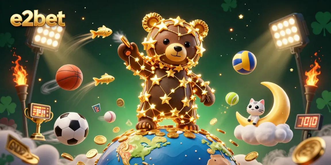 Engage with e2bet as a golden constellation bear scoops coins in a vibrant casino scene.