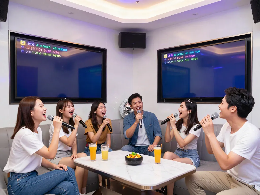 강남 달토 가라오케에서 즐거워하는 친구들이 노래하는 모습