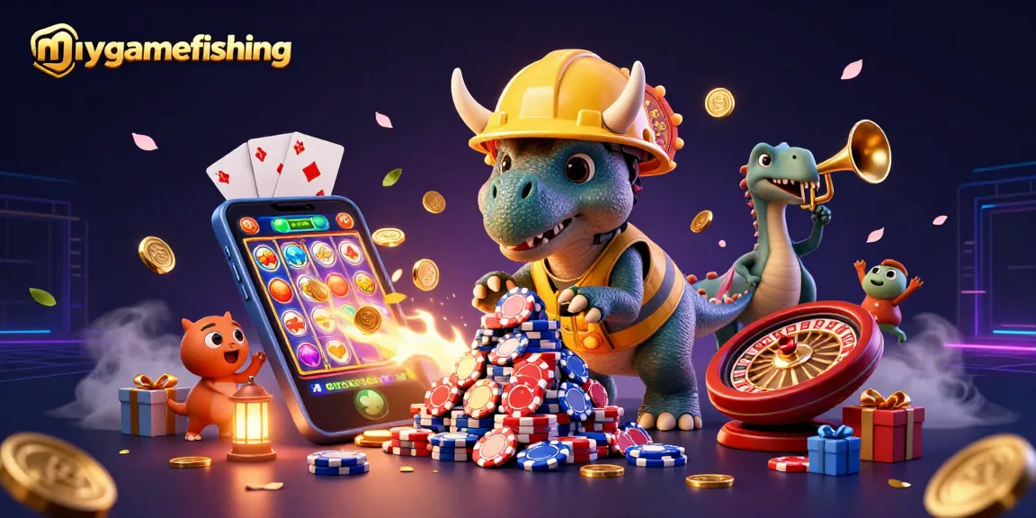 Engage in mygamefishing with cartoon dinosaurs celebrating a casino game scene amidst vibrant gambling elements.
